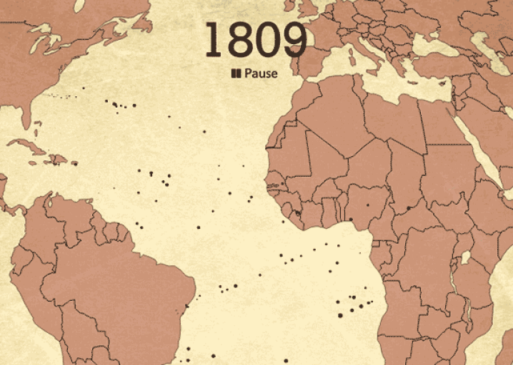 Representação interativa animada da história do comércio de escravos no Atlântico.