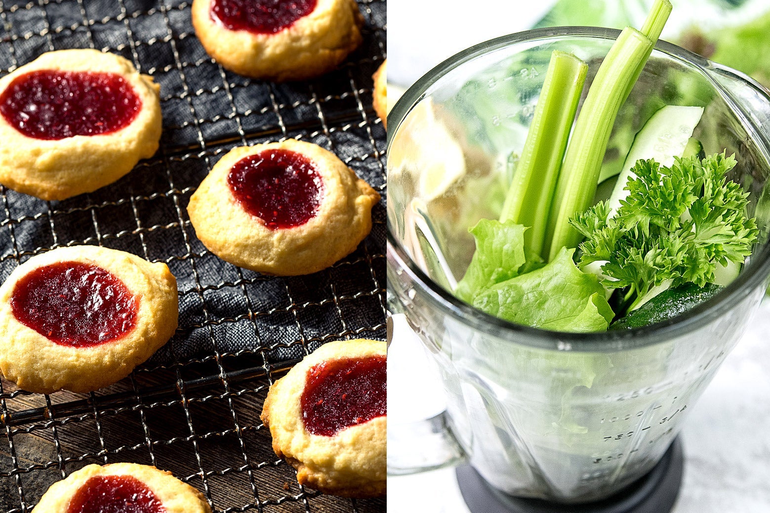 One side is thumbprint cookies, the other side is greens going into a blender.