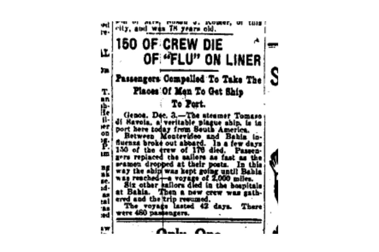"150 OF CREW DIE OF 'FLU' ON LINER" reads the headline on an old news clipping.