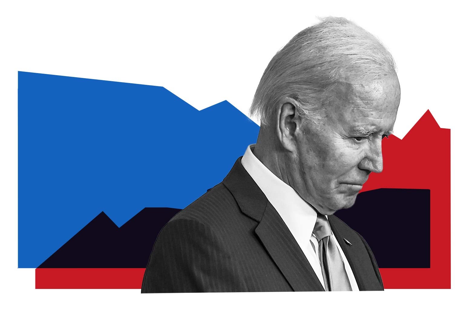 Joe Biden looking down, against a background of overlapping red and blue shapes