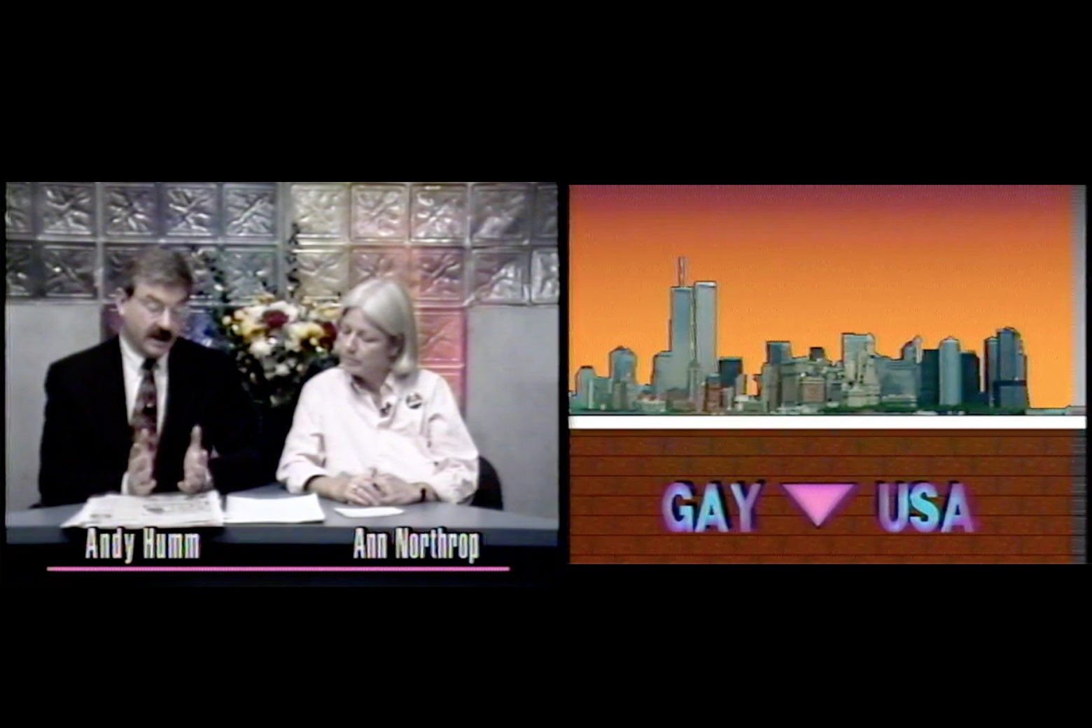 Diptych of Andy Humm and Ann Northrop hosting Gay USA next to the Gay USA title card