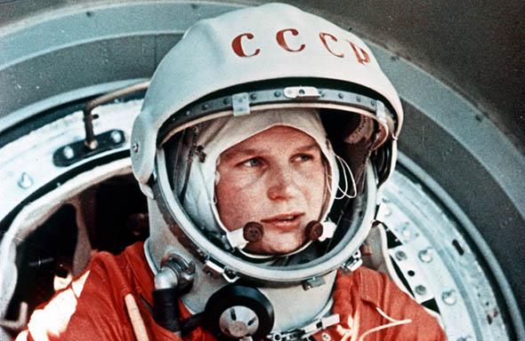 Soviet cosmonaut Valentina Tereshkova, the first woman in space, in front of the Vostok 6 capsule, June 1963.