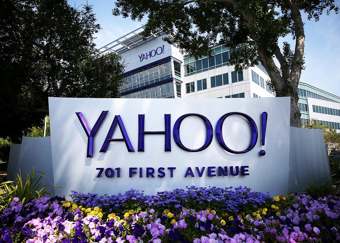 A sign is posted in front of the Yahoo! headquarters on May 23, 2014 in Sunnyvale, California. 