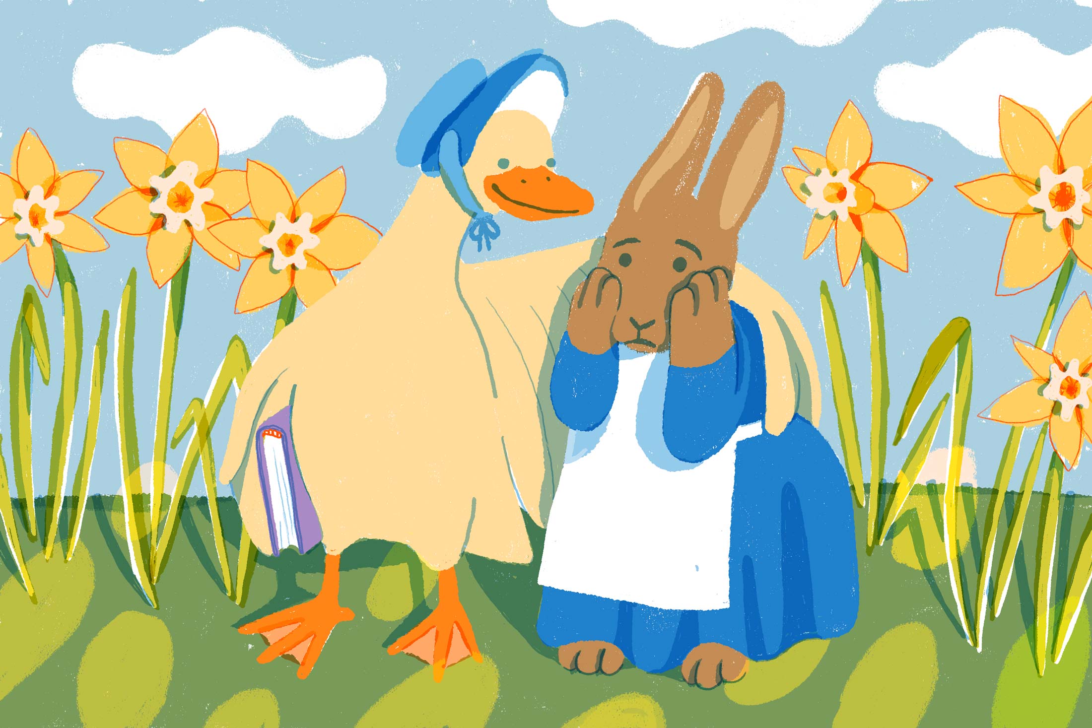 Goose wearing a bonnet consoling a stressed rabbit wearing a dress and apron.
