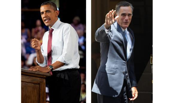 President Barack Obama at a campaign rally in Leesburg, Virginia and Mitt Romney at Downing Street in central London.