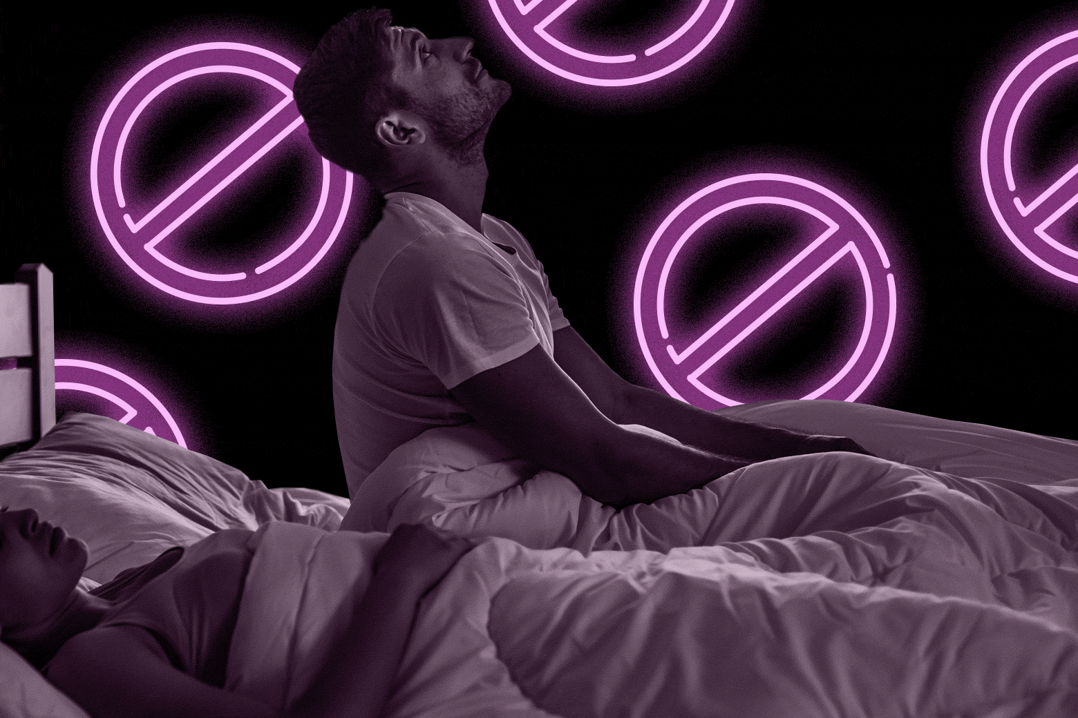 A man sits up in bed next to his sleeping wife, with neon circles with no bars flashing in the background.