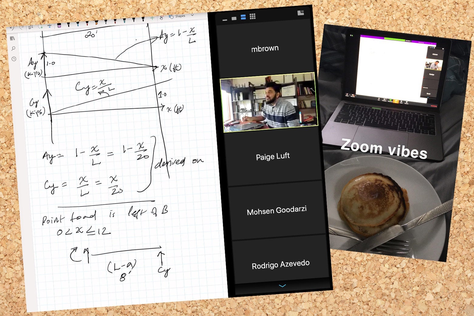 A still of math-related scribbles from risk analysis class on zoom, and a separate snapchat of pancakes in front of a laptop.