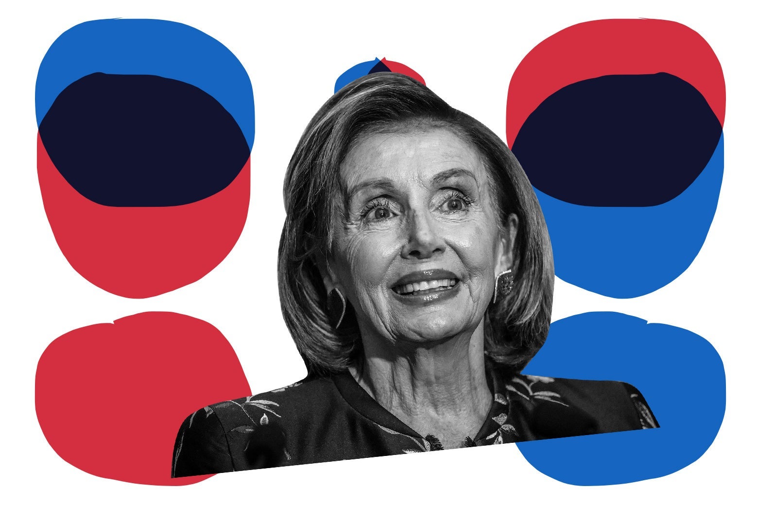 Nancy Pelosi surrounded by blue and red circles, some of which are arranged Venn diagram–style.