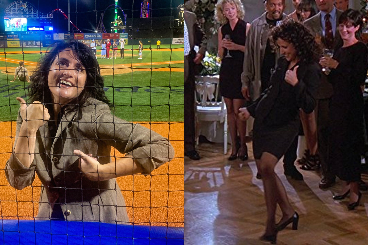 Side-by-side: A woman doing the Elaine dance with the thumbs-up, and Elaine doing the same dance on Seinfeld.