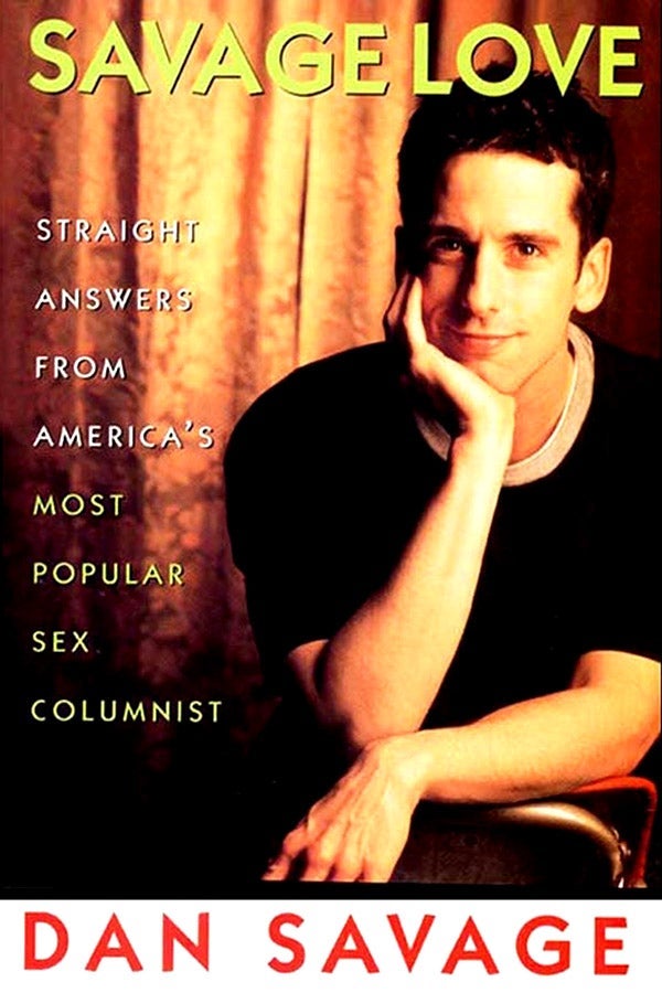 The cover of the book Savage Love, on which Dan Savage sits in a chair, resting his chin on one hand.