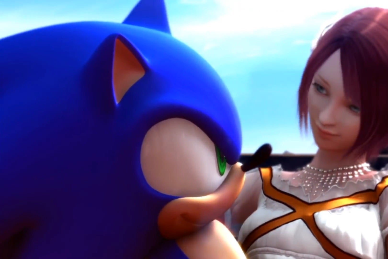A blue cartoon hedgehog holds a woman in a white dress with short brown hair. 