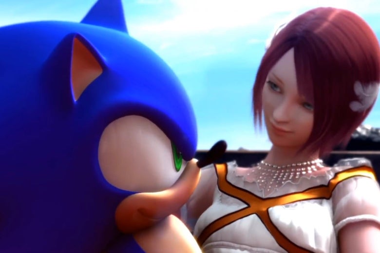 A blue cartoon hedgehog holds a woman in a white dress with short brown hair. 