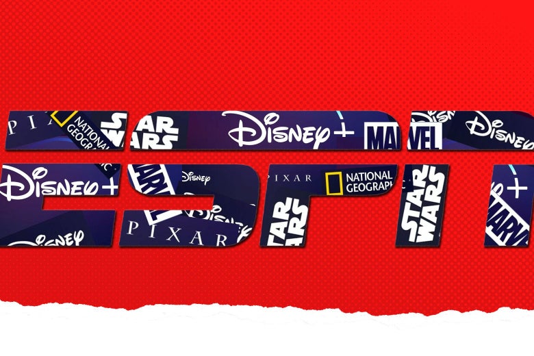 Photo illustration of the ESPN logo covered in Disney logos.