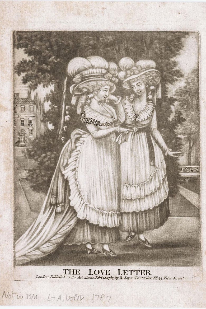 A drawing of two women looking at each other in a park, captioned as "The Love Letter."