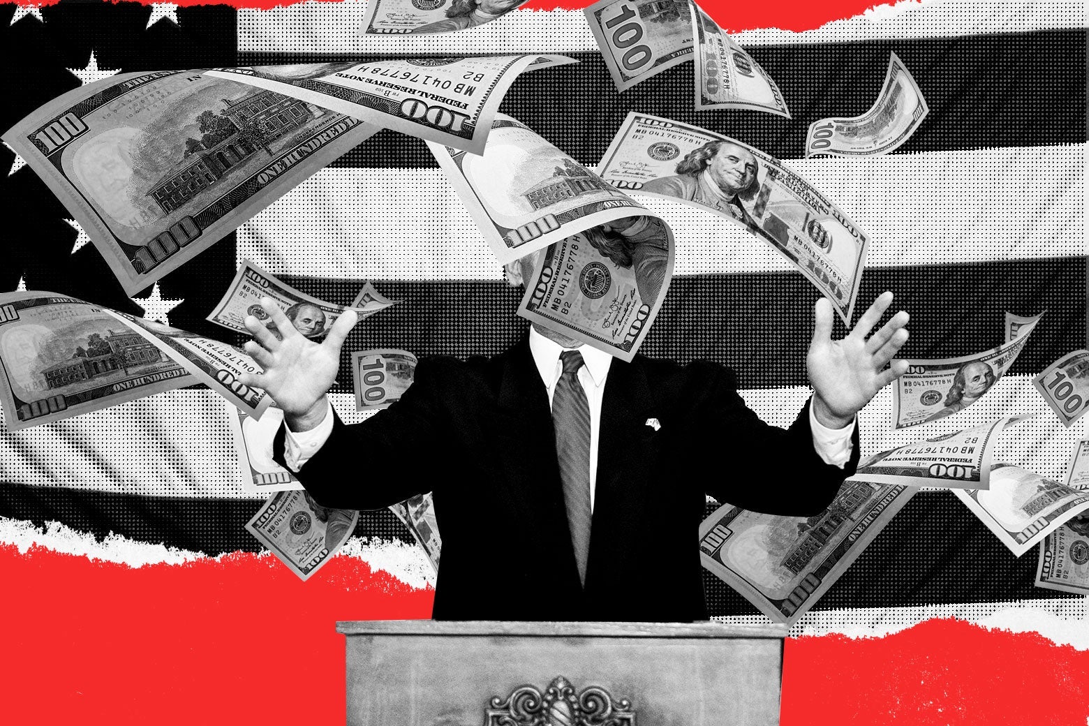 A political candidate at a podium with his face obscured by 100-dollar bills floating in the air.