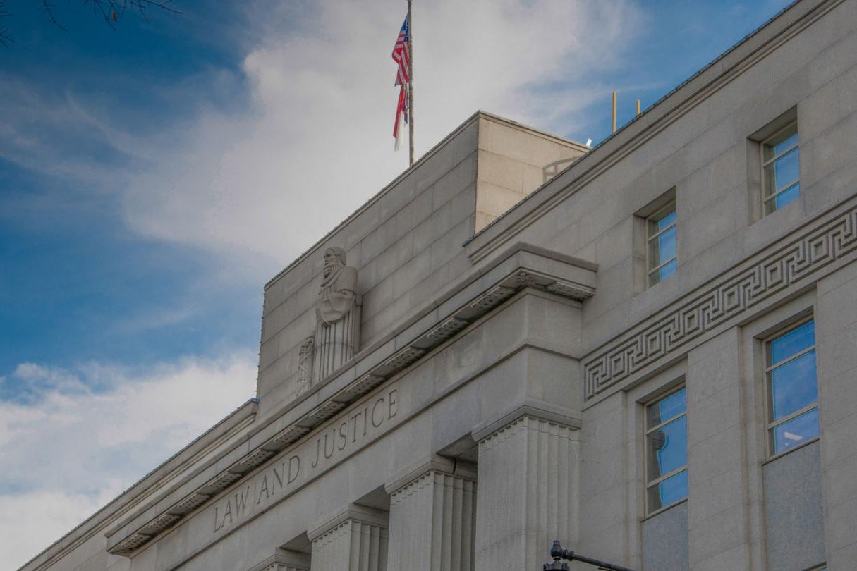 A neoclassical building that says Law and Justice.