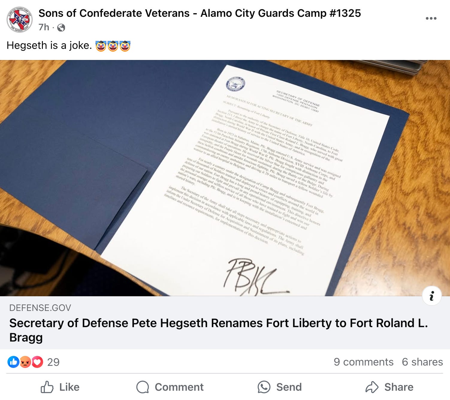 Post by the Sons of Confederate Veterans, responding to Hegseth's memorandum, that reads: "Hegseth is a joke," followed by multiple clown emojis.