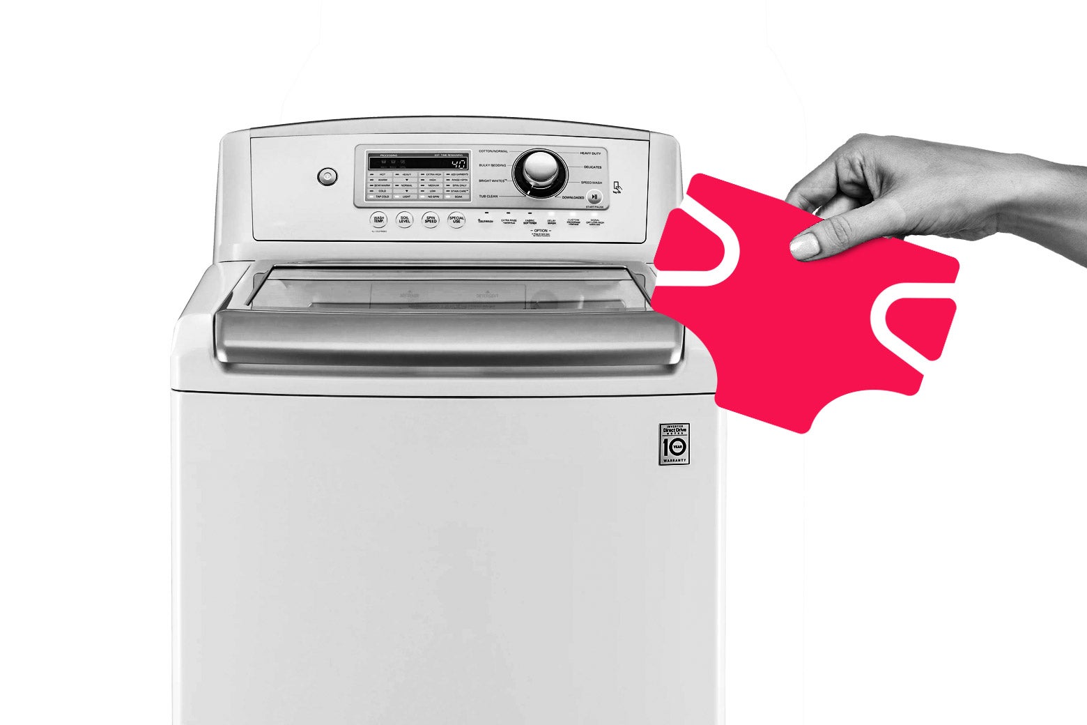 A washer with a hand reaching in with an illustrated diaper.