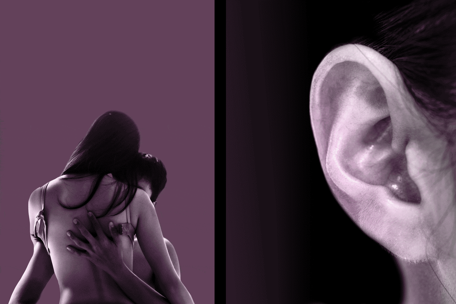 Collage of an ear listening to neighbors have sex. 