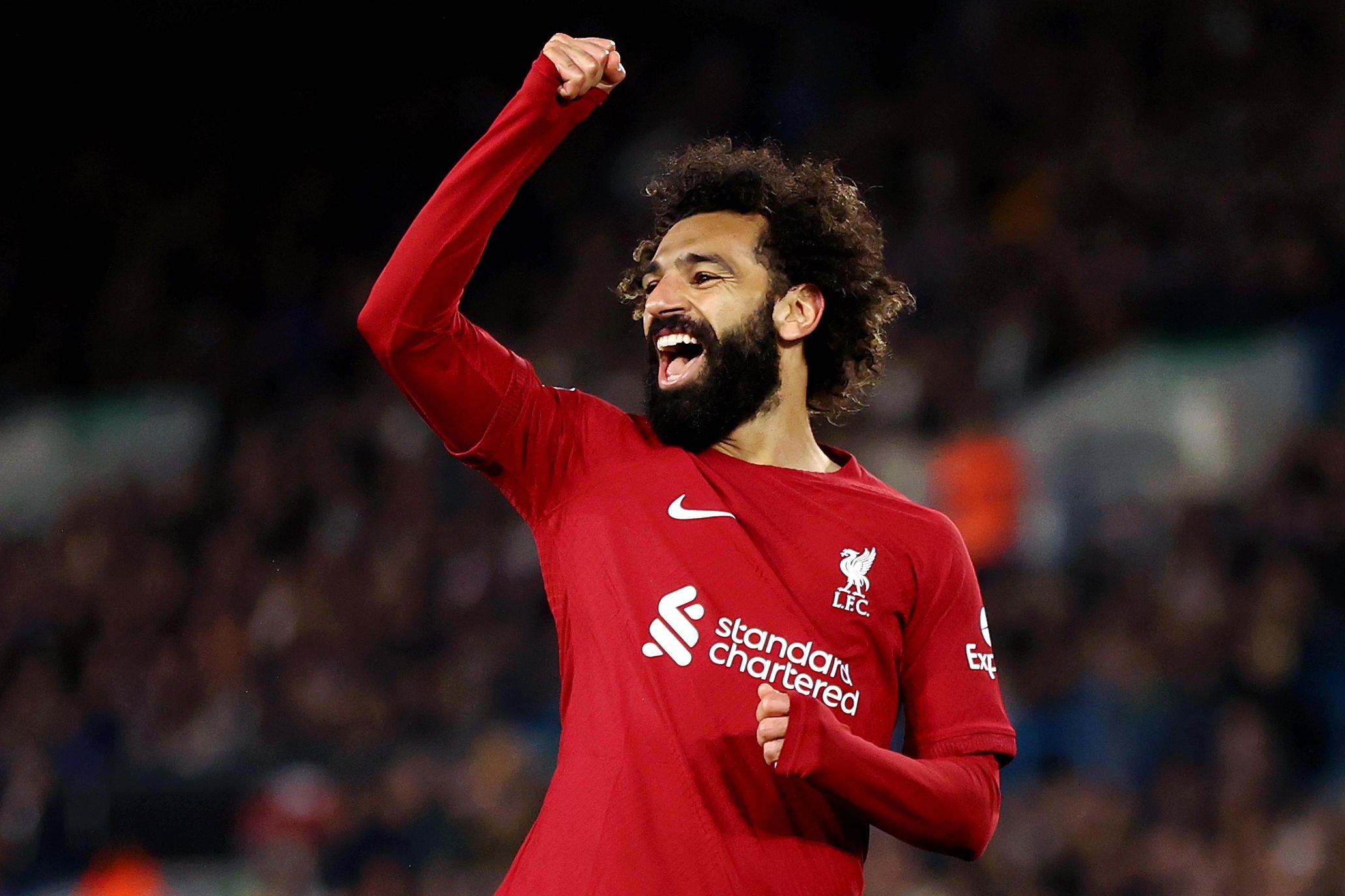 LEEDS, ENGLAND - APRIL 17: Mo Salah of Liverpool celebrates after scoring his teams fourth goal during the Premier League match between Leeds United and Liverpool FC at Elland Road on April 17, 2023 in Leeds, England. (Photo by Naomi Baker/Getty Images)