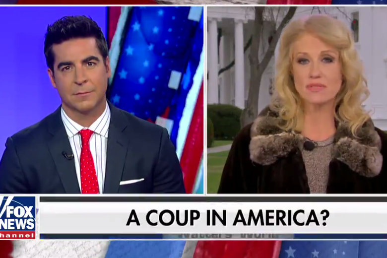 Fox News host Jesse Watters interviews White House adviser Kellyanne Conway with a chyron that reads, "A coup in America?" 