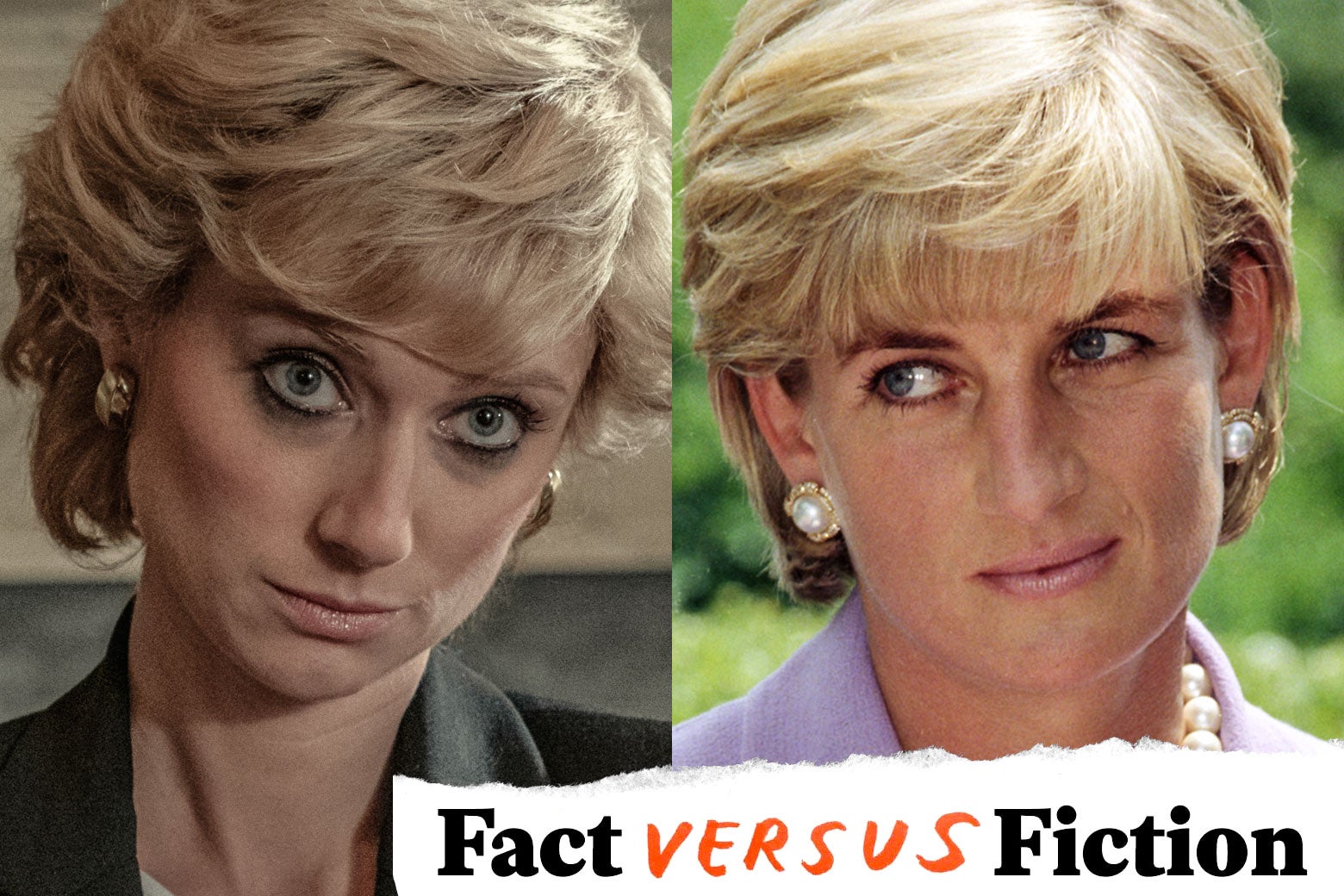 Left: Elizabeth Debicki as Princess Diana. Right: Princess Diana.