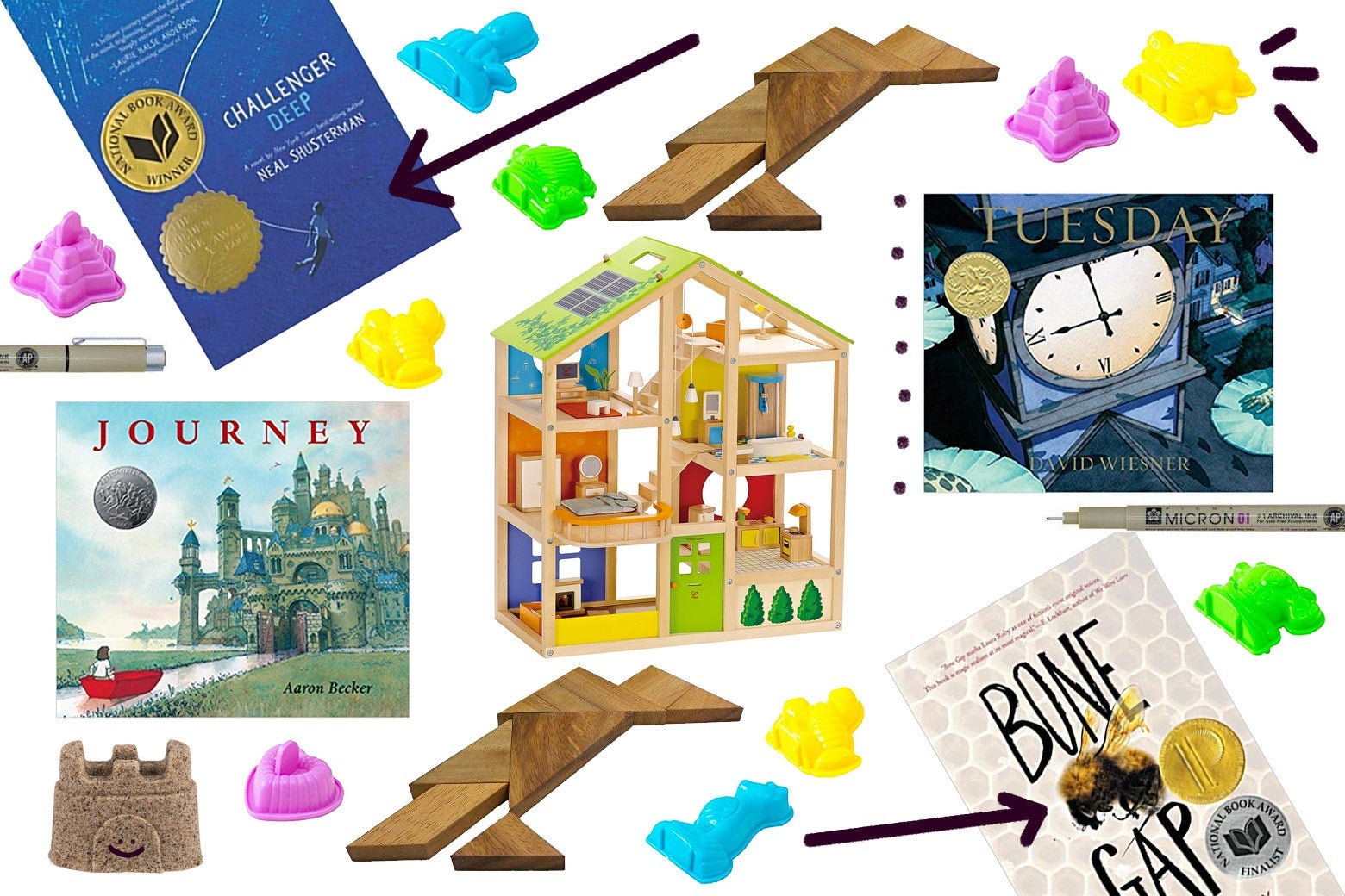 Collage of toys, games, and books.