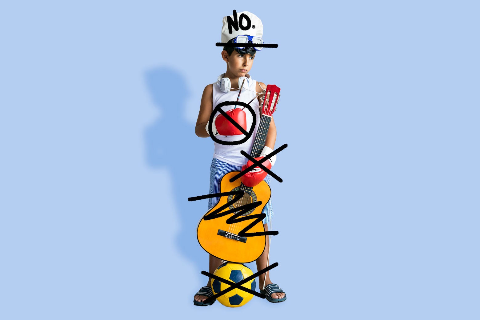 A tired-looking boy is holding a crossed-out guitar, wearing a crossed-out boxing glove and a baseball hat that says No, near a crossed-out soccer ball.