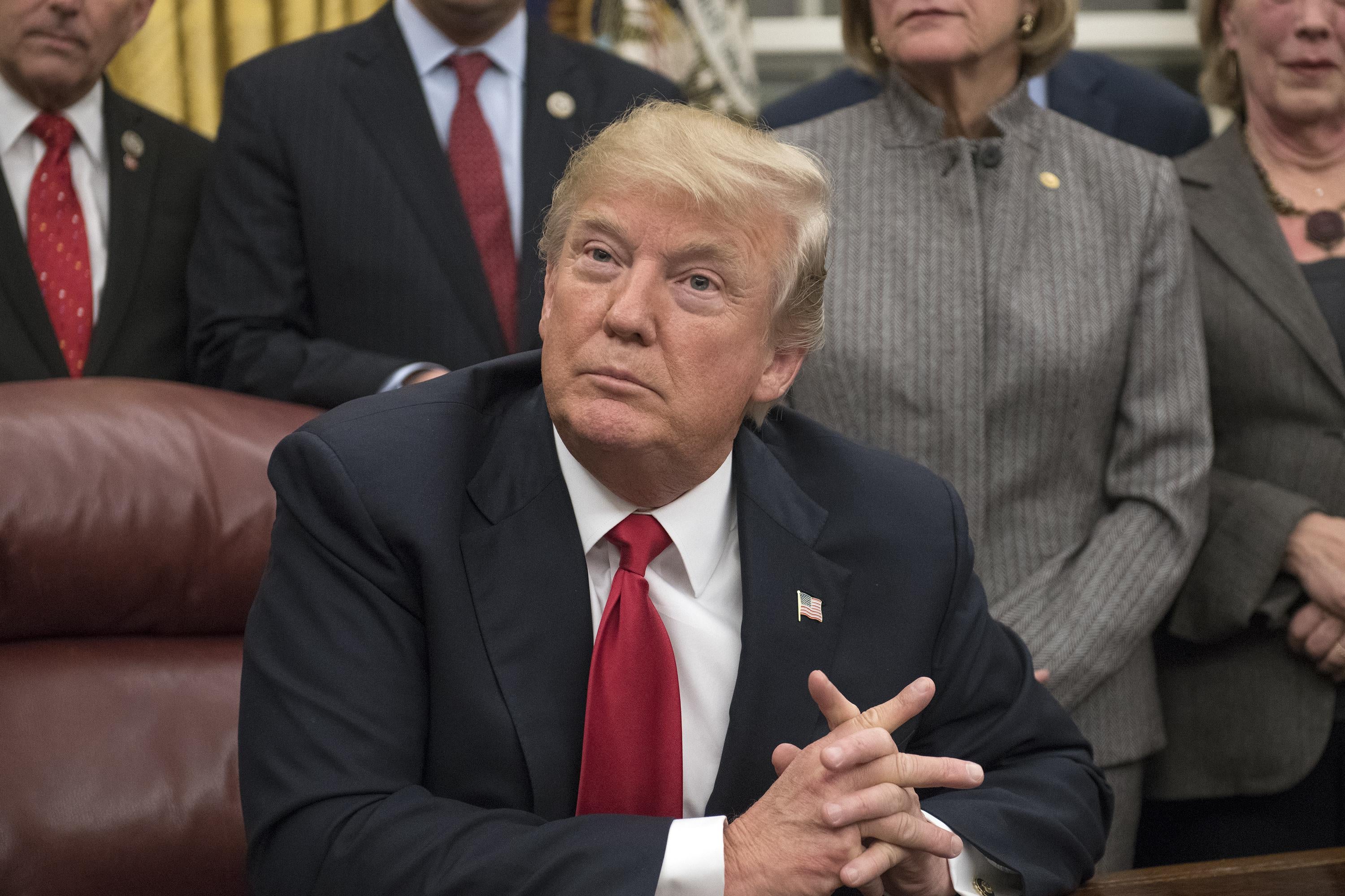 WASHINGTON, DC - JANUARY 10: U.S. President Donald Trump makes remarks in the Oval Office prior to signing the bipartisan Interdict Act, a bill to stop the flow of opioids into the United States, on January 10, 2018 in Washington, D.C.  The Interdict Act will provide Customs and Border Protection agents with the latest screening technology devices used to secure our border from illicit materials, specifically fentanyl, a powerful opioid. (Photo by Ron Sachs-Pool/Getty Images)
