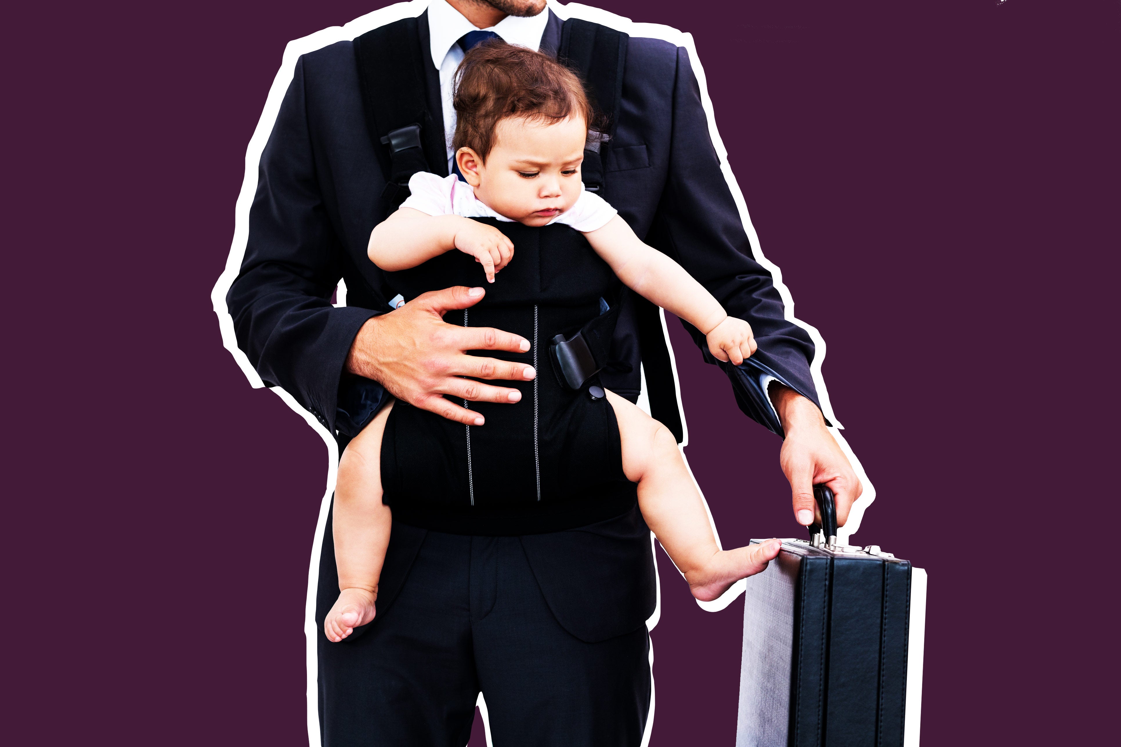 Young father carrying baby and holding briefcase.