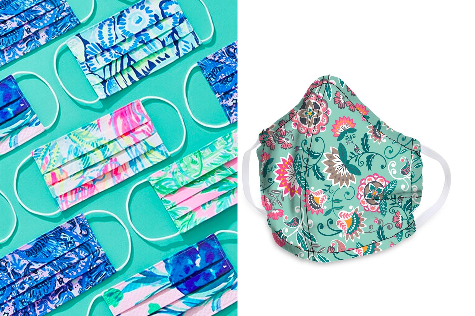 Side-by-side photos of colorful patterned masks by Lilly Pulitzer and a blue face mask with a pink paisley design by Vera Bradley