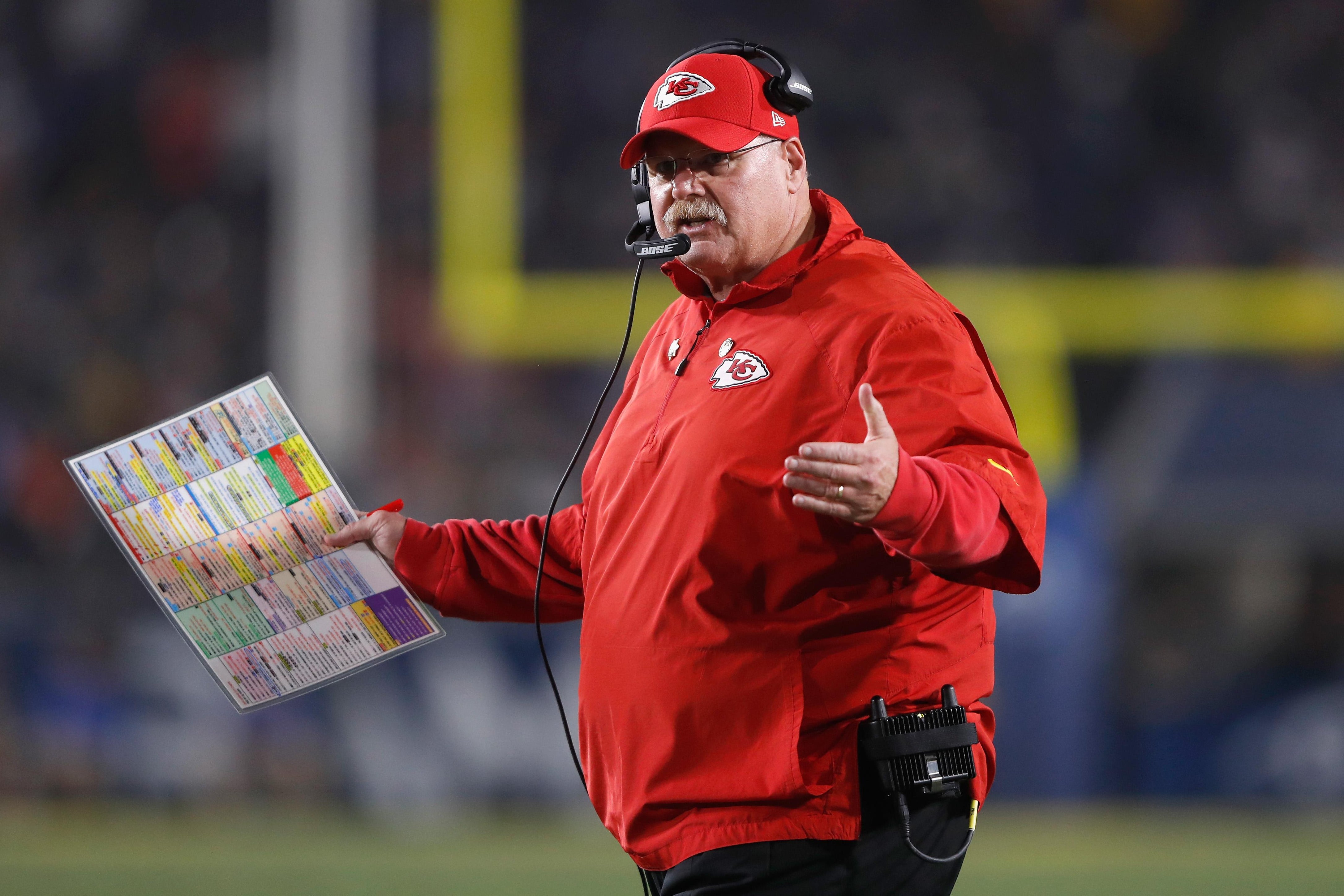 LOS ANGELES, CA - NOVEMBER 19:  Head coach Andy Reid of the Kansas City Chiefs reacts to a referee decision during the second quarter of the game against the Los Angeles Rams at Los Angeles Memorial Coliseum on November 19, 2018 in Los Angeles, California.  (Photo by Sean M. Haffey/Getty Images)