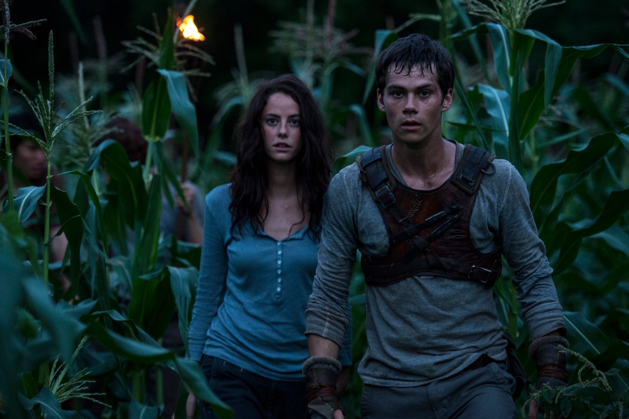 A brunette girl in a plain top (Kaya Scodelario) and jeans stands next to a brunette boy (Dylan O'Brien) in plain clothing and tactical gear. They look at something in front of them with wide eyes.