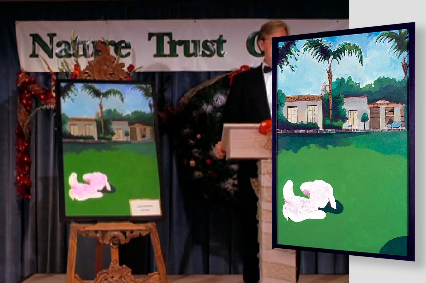 A man in a TV show auctions off a Hockneyesque painting of a green yard and a blue sky.