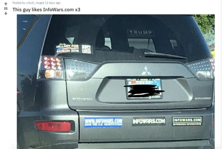 A screenshot of a Reddit post with the caption "this guy likes infowars." The car depicted has three different infowars bumper stickers.