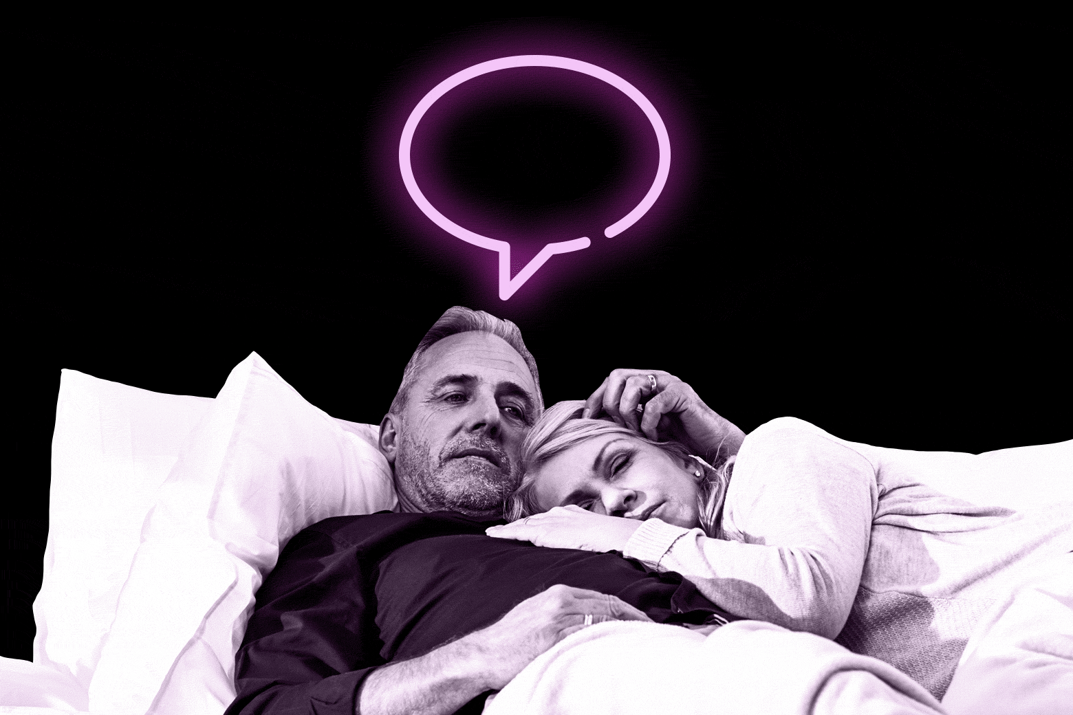 GIF: An older couple lies cuddled in bed, but the man is looking pensively into the distance. A neon speech bubble glows in the background.