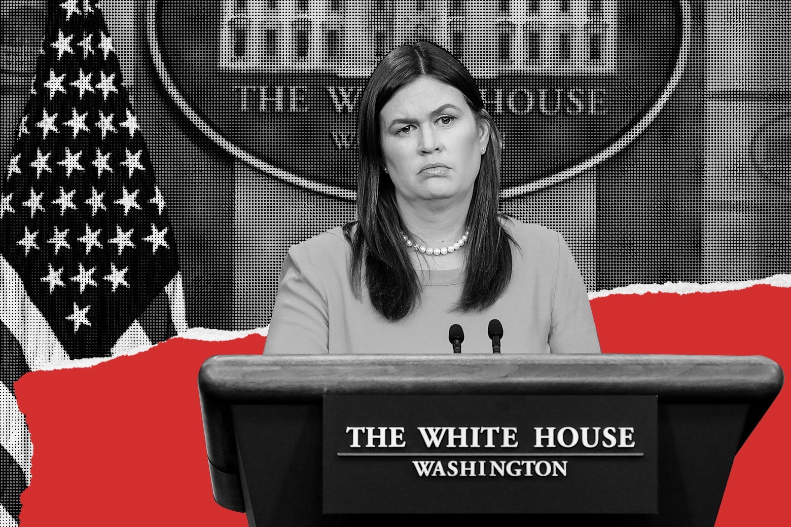 Sarah Huckabee Sanders stands at the podium in the White House press briefing room.