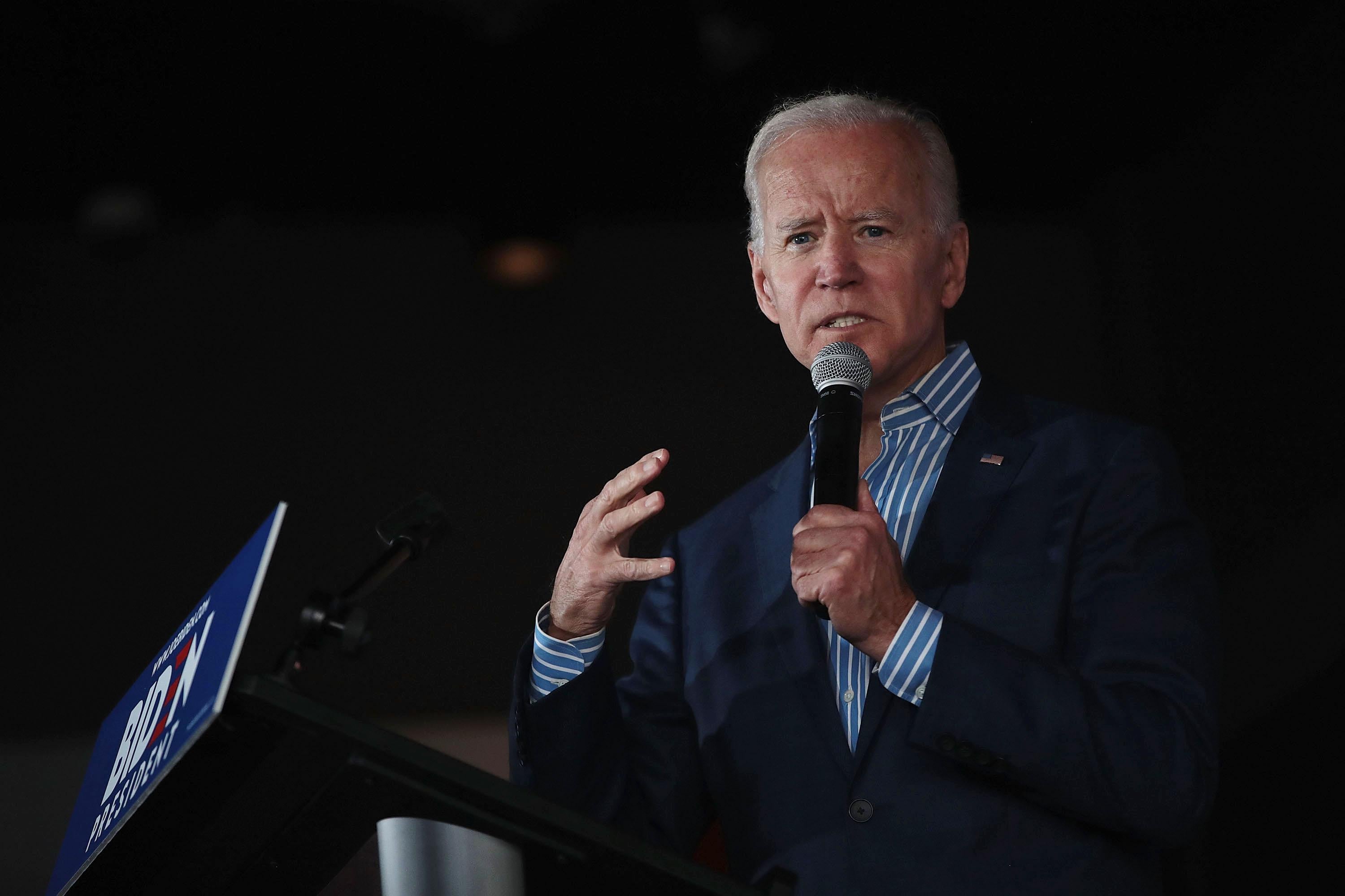 Joe Biden speaks during a campaign event at the Big Grove Brewery and Taproom on Wednesday in Iowa City.