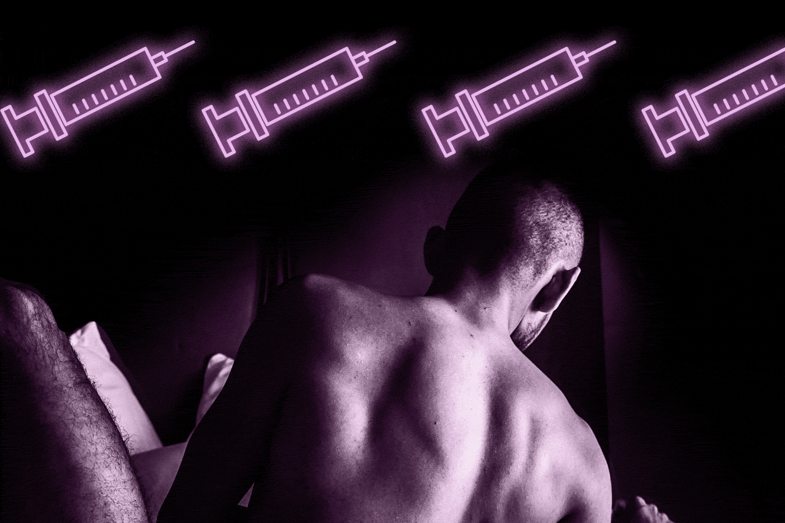 Man on bed with neon vaccine needles above him.