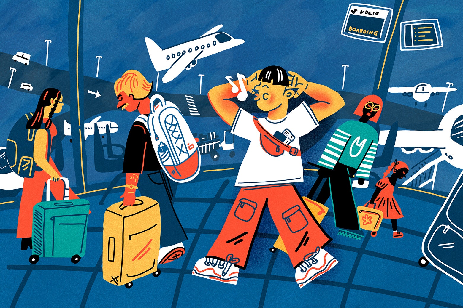 An illustration of an empty-handed, fashionably dressed passenger whistling through the crowded airport. 