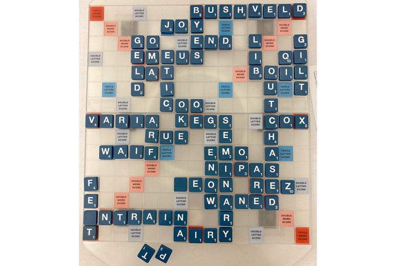 A Scrabble board filled out