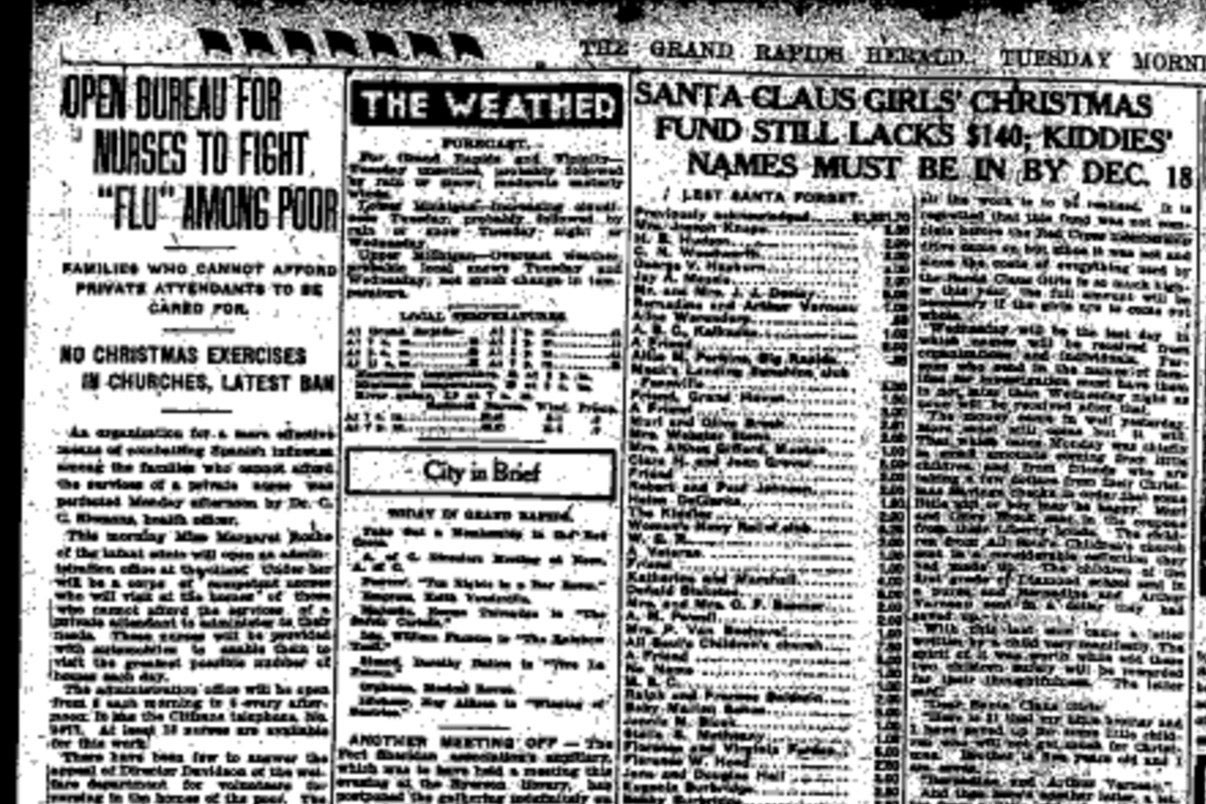 A headline says, "OPEN BUREAU FOR NURSES TO FIGHT 'FLU' AMONG POOR" in an old newspaper clipping.