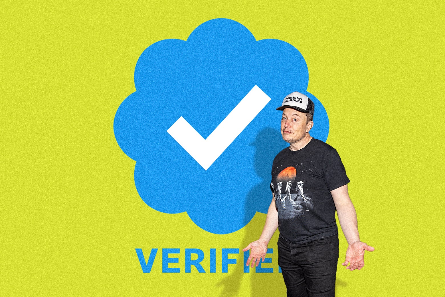 Elon Musk standing in front of a Twitter Blue Check.
