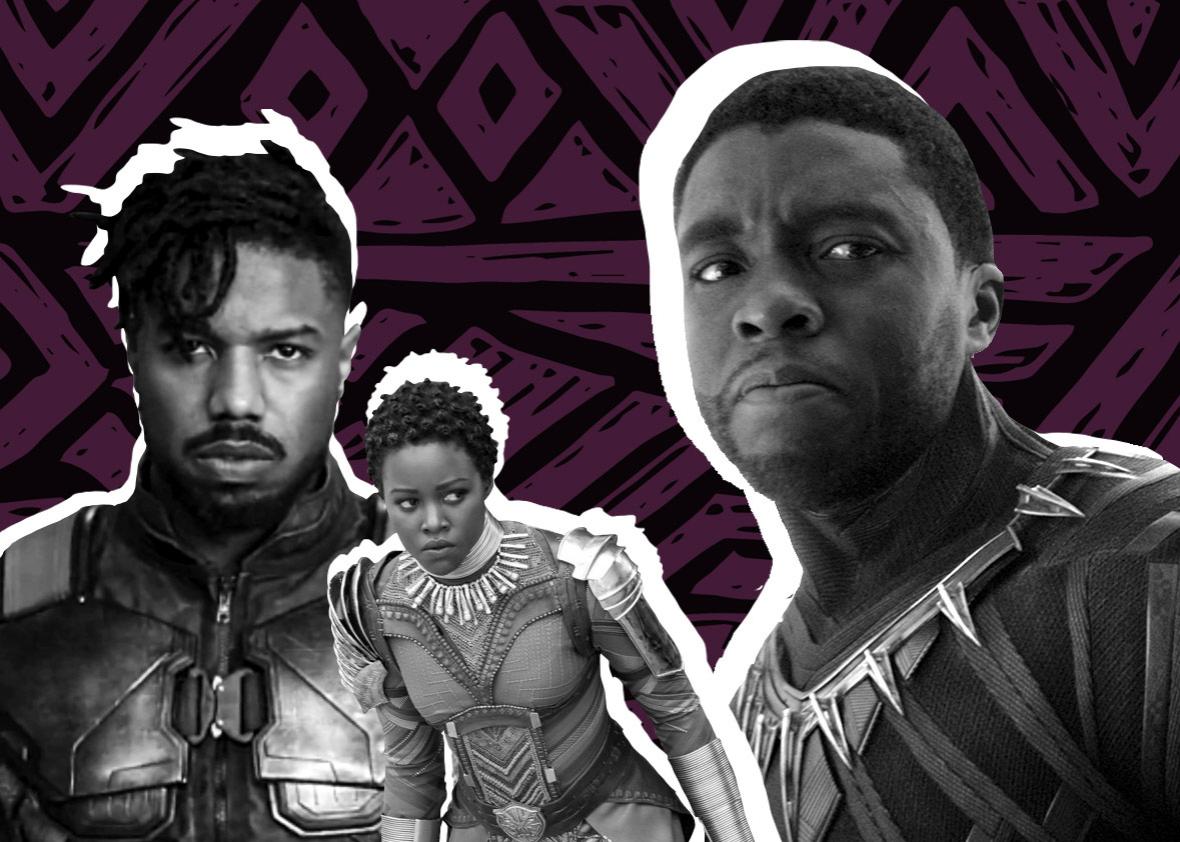 Chadwick Boseman as Black Panther, Michael B. Jordan as Killmonger, and Lupita Nyong'o as Nakia 