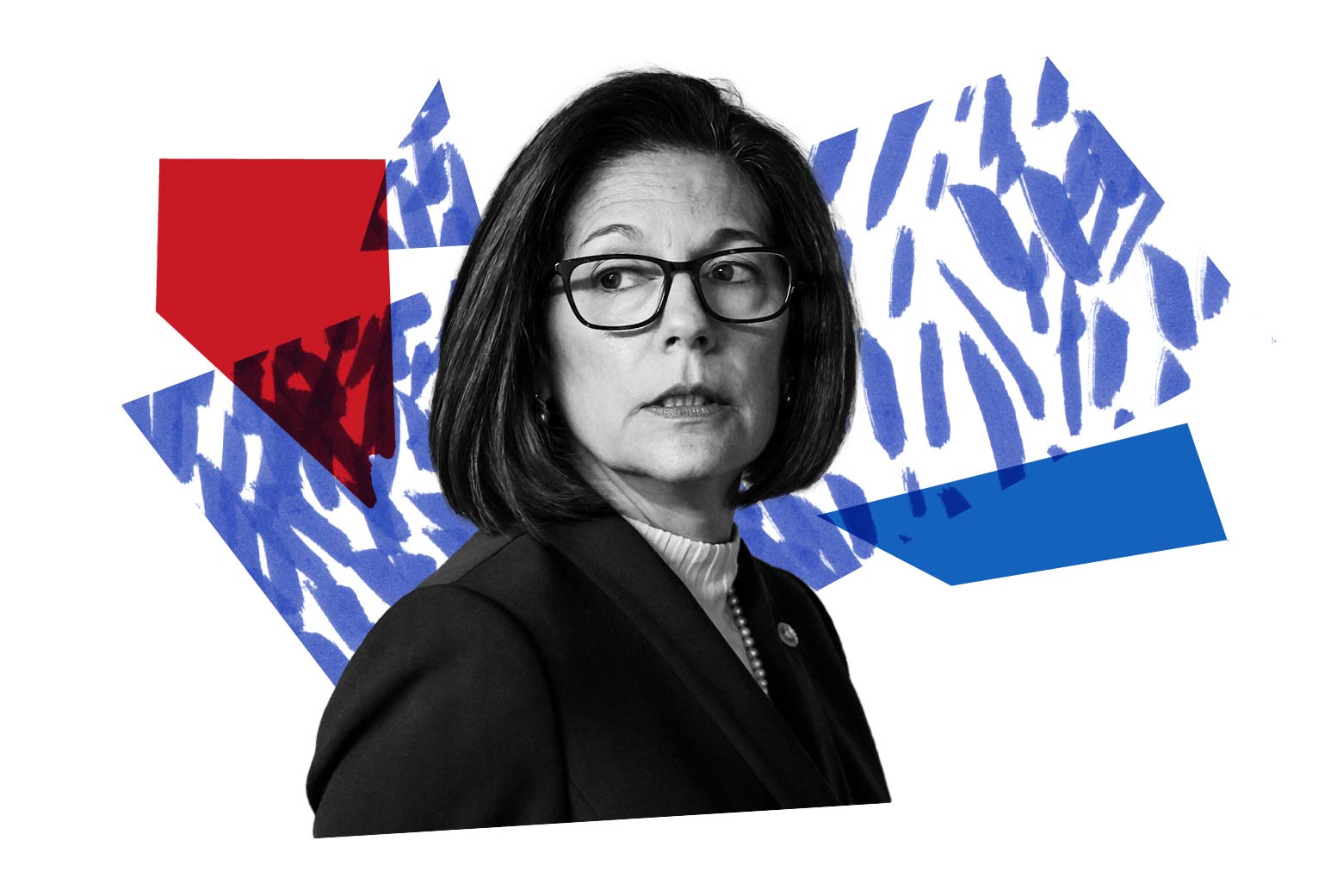 Catherine Cortez Masto in front of different-colored shapes, including one shaped like Nevada