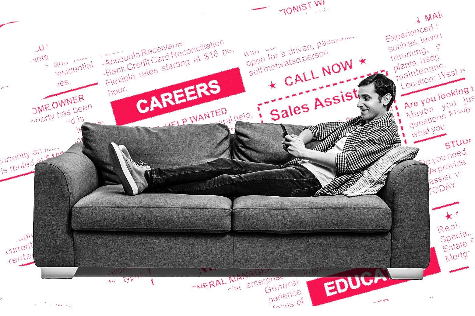 A man sits on the couch looking at his phone against a background of job ads.