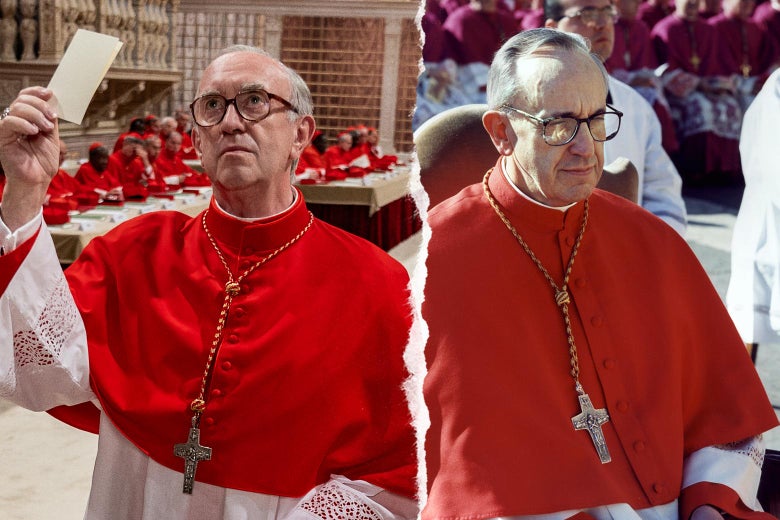 Jonathan Pryce as Cardinal Jorge Mario Bergoglio in The Two Popes; Cardinal Jorge Mario Bergoglio in an undated photo.
