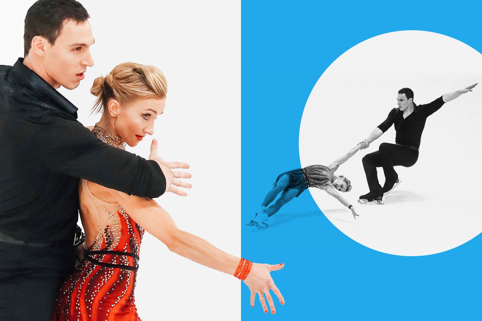 A collage of images of Aliona Savchenko and Bruno Massot skating.