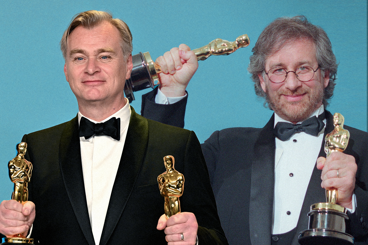 A collage shows the two filmmakers standing side by side, in matching black tuxes with black bowties, each hoisting his two Oscars aloft.
