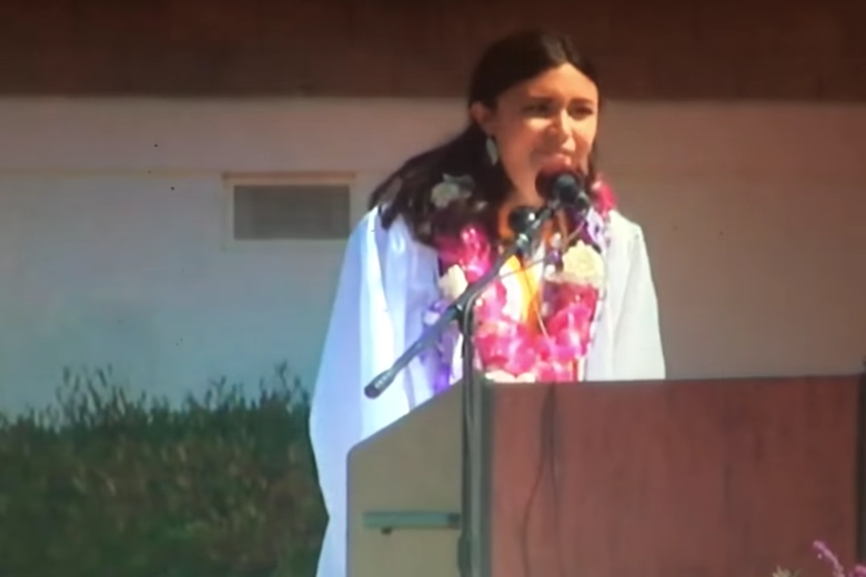 Lulabel Seitz speaks during her graduation from Petaluma High School in Petaluma, California on June 2, 2018.